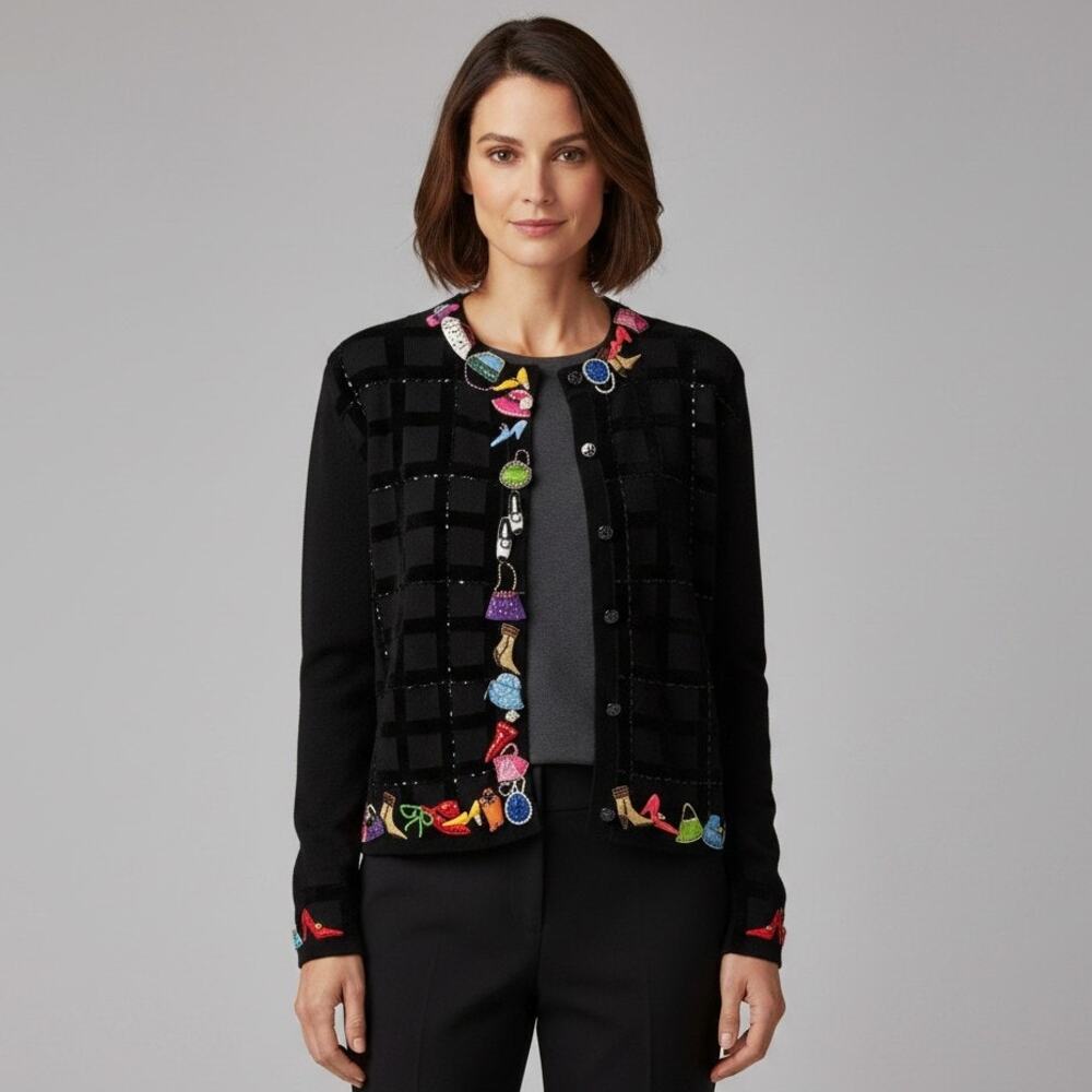 Just B Heavily Beaded Cardigan Sweater L Black Appliqué Purses Shoes Fashion